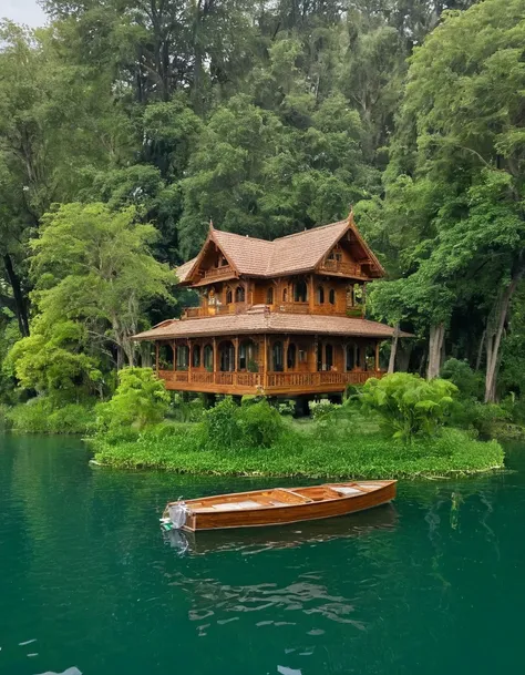 there is a boat that is floating in the water near a house, lake house, floating palace, on a boat on a lake, in the middle of a...