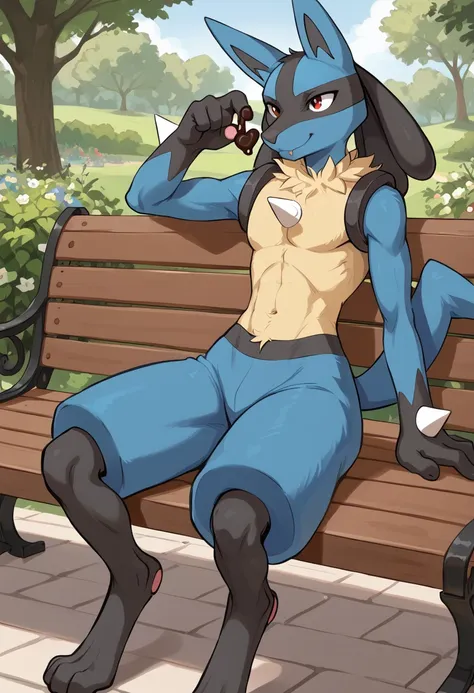 pokémon、lucario eating chocolate、garden、sitting on a bench、smile