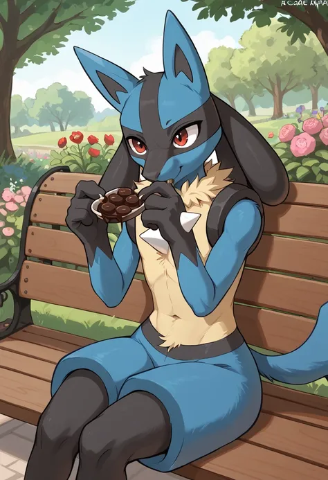 pokémon、lucario eating chocolate、garden、sitting on a bench、smile、round eyes