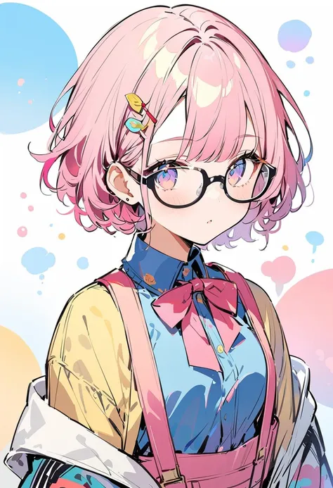  (Highest quality、masterpiece)、(Concept Art)、(Avatar)、(icon)、((One Woman))、((alone))、 (Upper Body)、short hair, (Glowing Skin:1.2),  Glasses, Modern, wavy pink hair, pink suspenders, With a flower on your ear, Harajuku Style, hairpin, (Soft Light)、(Soft Sha...