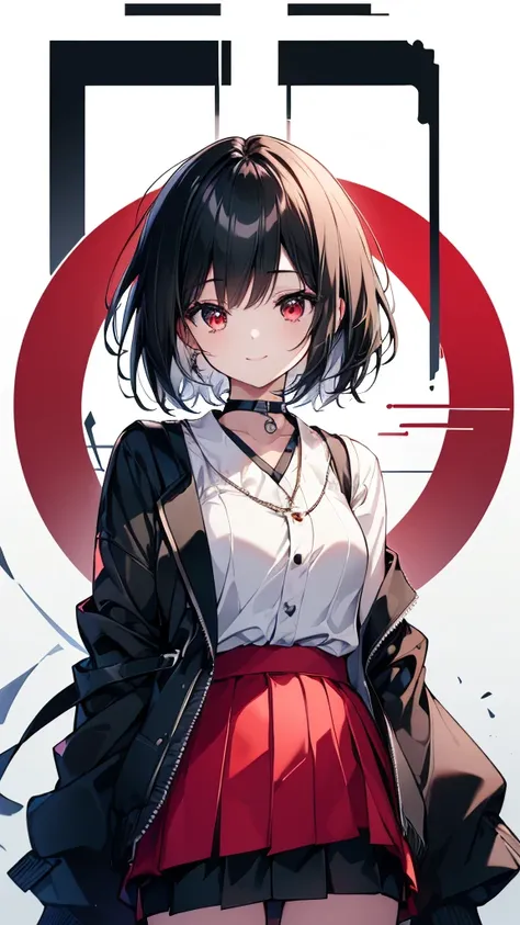 (masterpiece, highest quality, highest quality, (No text), Beautiful and aesthetic:1.2),No text,アニメ、BREAK,One Girl，Black Hair Girl　short hair　older sister　choker　Beautiful eyes　Red eyes　cool　smile　Red and Black　Black jacket　mini skirt　whole body　In town