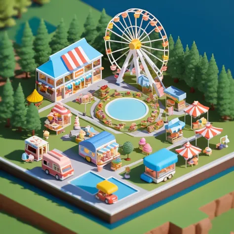 lovely amusement park，ferris wheel，ice cream truck，camping and tents，isometric art, 3d isometric, isometric pixel art，simple bac...