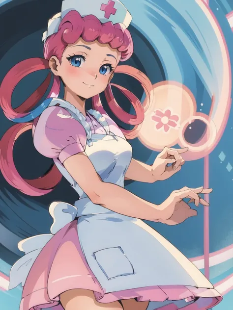 (masterpiece, best quality:1.2), nurse joy, pokemon, blue eyes, closed mouth, long hair, pink hair, short sleeves, nurse, blush, holding, puffy short sleeves, large breasts, puffy sleeves, nurse cap, 1girl, looking at viewer, smile, solo, hat, dress, apron...