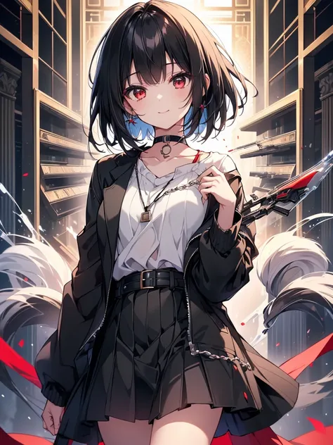 (masterpiece, highest quality, highest quality, (No text), Beautiful and aesthetic:1.2),No text,アニメ、BREAK,One Girl，Black Hair Girl　short hair　older sister　choker　Beautiful eyes　Red eyes　cool　smile　Red and Black　Black jacket　mini skirt　whole body　In town