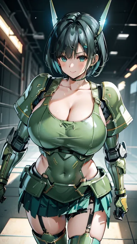 military green translucent armor，arm mecha，light blue short hair，braided hairstyle，large breasts，cleavage，pistol hanging from wa...