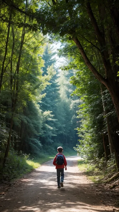 generate the photo that showing a boy walk towards the dark place from bright place. scenery like in the forest