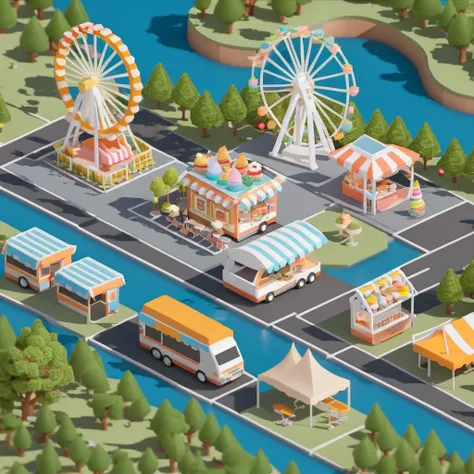 lovely amusement park，ferris wheel，ice cream truck，camping and tents，isometric art, 3d isometric, isometric pixel art，simple bac...