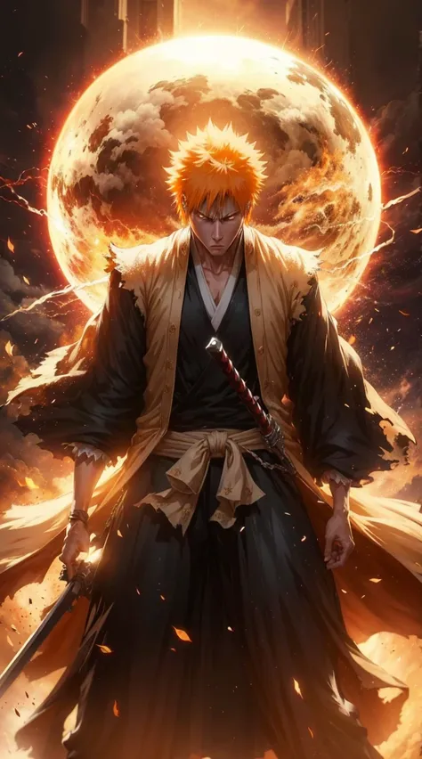 create an image of ichigo kurosaki from bleach, highly detailed and visually stunning. include his iconic orange hair, determine...