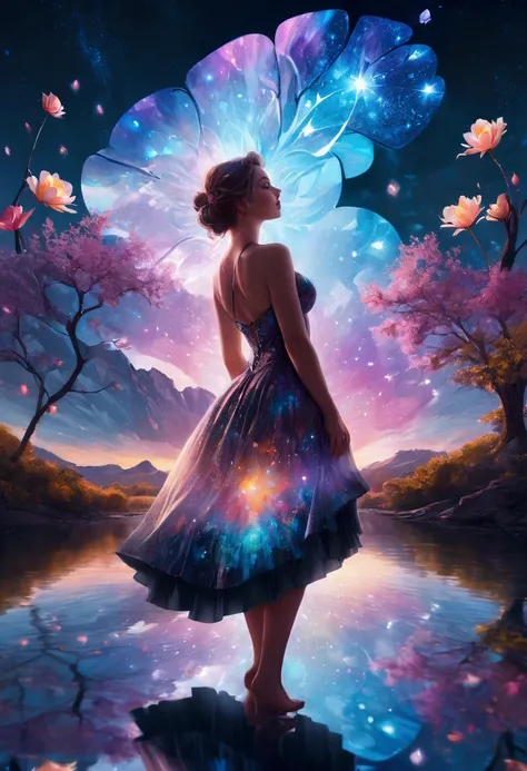 Artwork by Brandon Woelfel (Alex Gray:1.07), Future Utopia, nebula, Flowers, river, (Double Exposure:1.3) ,1 photo of sexy lady，Looking at the audience, Wearing a brocade underbust dress, Optical illusion, Fantasy Art, Made of iridescent crystal glass mosa...