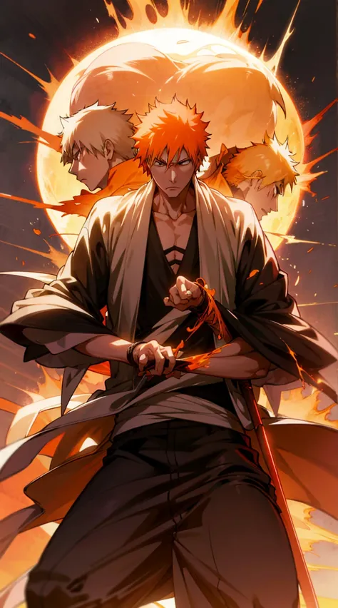 create an image of ichigo kurosaki from bleach, highly detailed and visually stunning. include his iconic orange hair, determine...