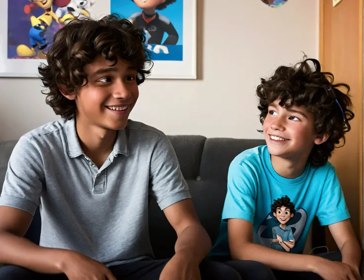 A young boy in his early twenties withy wavy fringe hair cut, a mixed black white person , a happy person. Sitting in a room where he streams, he has a earphone on his head . Make the picture in Disney pixar character