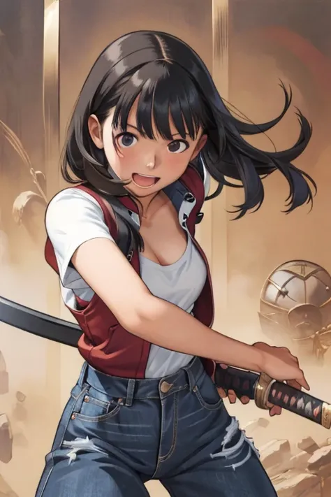 masterpiece, Highest quality, Adult women,Very detailed,Black eyes,European facial structure,,Natural Beauty,Cinematic,Breasts are moderately sized 10.0,An expression of joy,Open Mouth Smile,T-shirt and denim pants,Cleavage,Samurai Sword Drawing Technique ...