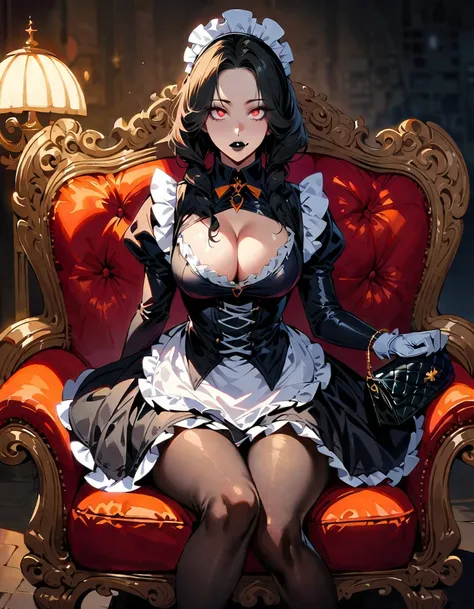 1 mature woman,(Highest quality,Extremely detailed depiction,Incredibly absurd high resolution,Anatomically accurate depiction,Perfect body,Two curvaceous legs),(Glowing Skin,Shiny skin,Oilskin),(Black and white gothic maid outfit,Maid Skirt,corset,black t...