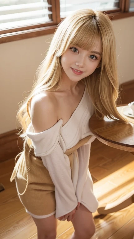 Busty women，Blunt bangs，blonde，Voluminous long hair that reaches down to the waist，Wavy long hair，“A mischievous human girl peeking over a table with a playful smile and sparkling eyes. She is in a cozy indoor setting with wooden floors and simple furnitur...