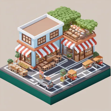 supermarket，cafes，bookshops，outdoor dining tables and chairs，crossroads，car，isometric art, 3d isometric, isometric pixel art，sim...