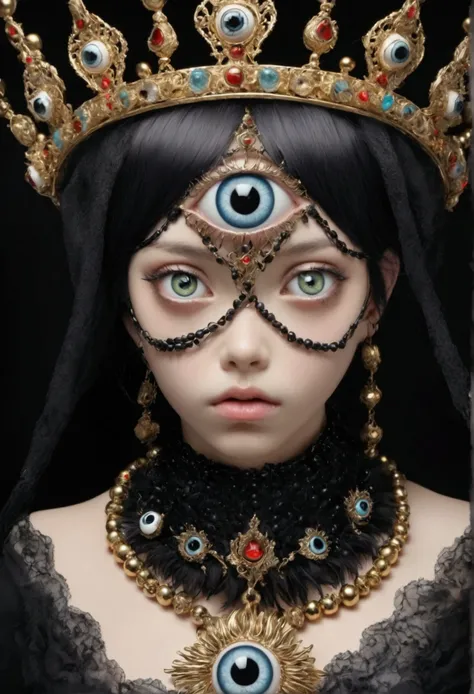 Grotesque Aesthetics：Girl with extra eyes，Tears，There are many eyeballs growing on the skin of the face，Eyeball Necklace，Eyeball Crown，Realistic eyeballs，teeth，Distorted face， Solitary，black background，crown，veil，Hands touch your face，3D eye bead necklace，...