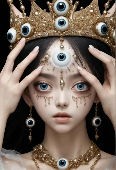 Grotesque Aesthetics：Girl with extra eyes，Tears，There are many eyeballs growing on the skin of the face，Eyeball Necklace，Eyeball Crown，Realistic eyeballs，teeth，Distorted face， Solitary，black background，crown，veil，Hands touch your face，3D eye bead necklace，...