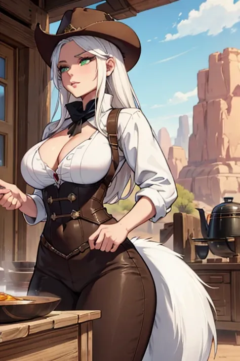 Perfect face, perfect hands. A white haired female cowgirl with green eyes with an hourglass figure with white wolf ears and a white wolf tail in a conservative cowgirl outfit is cooking food in the desert in the wild west town