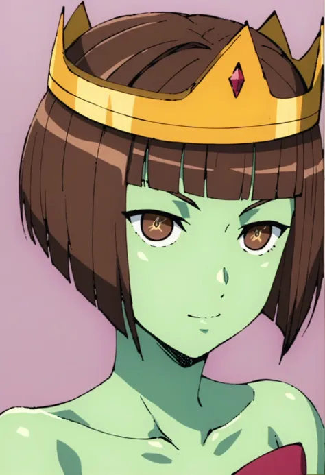 1girl, anakzahard, green skin, short hair, bob cut, brown hair, brown eyes, bow, collarbone, crown, break
full body, break
score...