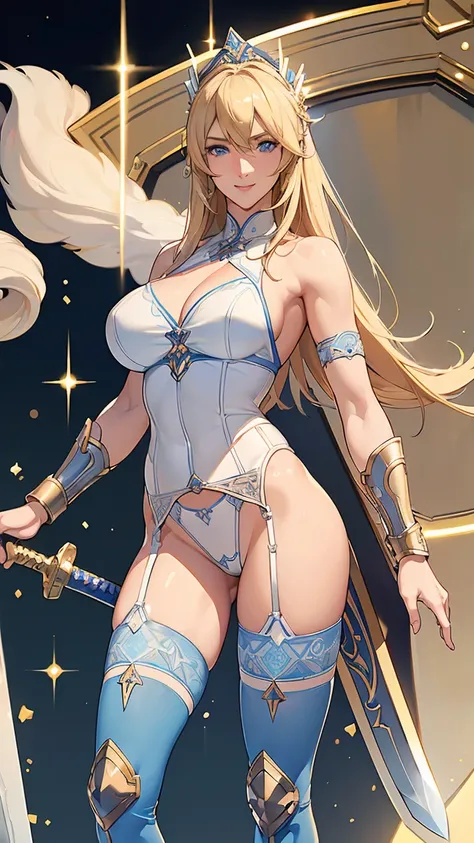 Browsing Caution,Sensual, Long blonde hair, Thick thighs, 8k, 4K, Highest quality, (High resolution:1.6), Cute anime face, Noise Reduction, (Sparkling Blue Eyes, A kind smile:1.3, Kind eyes:1.3)、Toned Abs, Muscular arms, Muscular legs,  Young Face, Anime E...