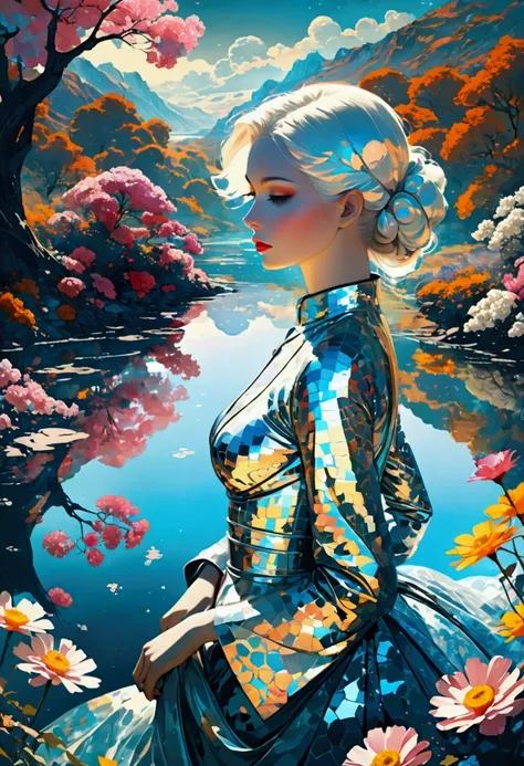 (John Ball Style:0.8),Ashley Wood (Ashley Wood) style of,Lillian Bassman Style, 1 beautiful sexy lady photos，Future Utopia, nebula, Flowers, river, (Double Exposure:1.3) ,Look at it from above, Wearing a brocade dress, Optical illusion, Fantasy Art, Made o...