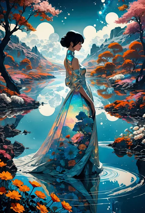 (John Ball Style:0.8),Ashley Wood (Ashley Wood) style of,Lillian Bassman Style, 1 beautiful sexy lady photos，Future Utopia, nebula, Flowers, river, (Double Exposure:1.3) ,Look at it from above, Wearing a brocade dress, Optical illusion, Fantasy Art, Made o...