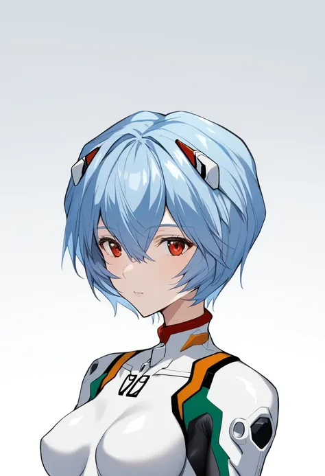 1girl, ayanami rei, solo, red eyes, plugsuit, short hair, blue hair, breasts, bodysuit, upper body, white background, white bodysuit, simple background, interface headset, bangs, closed mouth, hair between eyes, medium breasts, medium quality, late, 