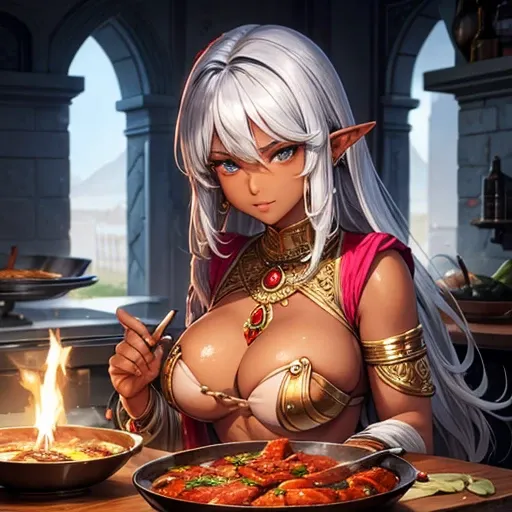 A large-breasted, silver-haired, dark-skinned elf woman making tandoori chicken　Indian traditional clothing