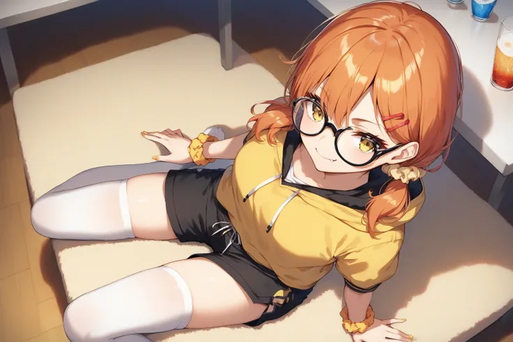 score_9, score_8_up, score_7_up, rating_safe, masterpiece, best quality, very aesthetic, absurdres, 1girl, from above, solo, orange hair, (medium hair, low twintails), yellow eyes, glasses, black glasses, yellow scrunchie, wrist scrunchie, (left hair on ha...