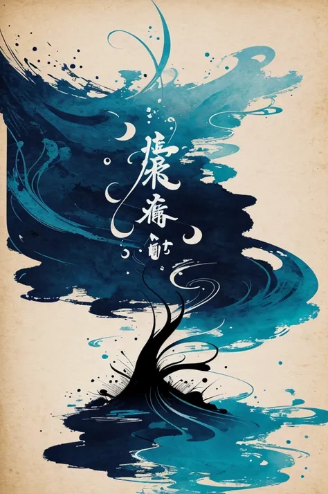 
"Create a landscape background inspired by the Calligraphia skin theme from League of Legends. Use traditional Japanese calligraphy elements with elegant brush strokes and ink splashes. Incorporate a color palette of deep blues, blacks, and silver highlig...