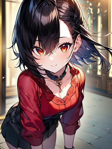 (masterpiece, highest quality, highest quality, (No text), Beautiful and aesthetic:1.2),No text,アニメ、BREAK,One Girl，Black Hair Girl　short hair　older sister　choker　Beautiful eyes　Red eyes　cool　smile　Red and Black　Black jacket　profile　mini skirt　whole body　In...