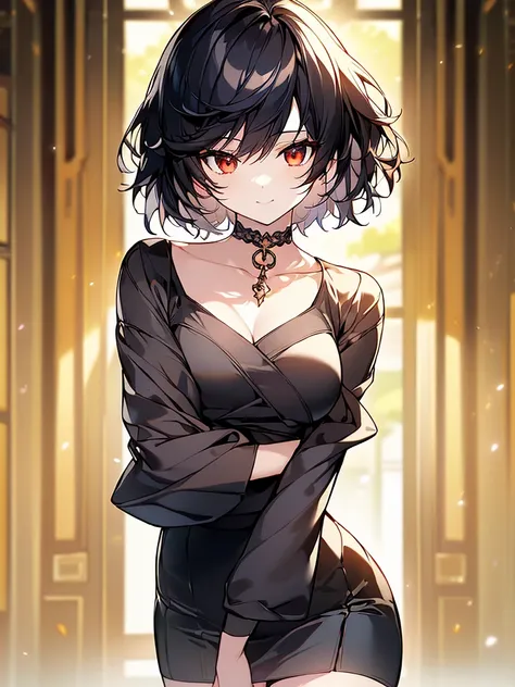 (masterpiece, highest quality, highest quality, (No text), Beautiful and aesthetic:1.2),No text,アニメ、BREAK,One Girl，Black Hair Girl　short hair　older sister　choker　Beautiful eyes　Red eyes　cool　smile　Red and Black　Black jacket　profile　mini skirt　whole body　In...