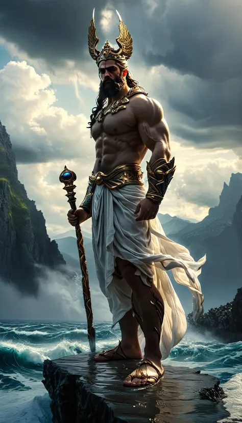 Medium shot, Zeus, Muscular, tall, bearded, thunderbolt, crown, toga, sandals, regal, commanding, divine + Hades, Poseidon, negotiating, daytime, solemn, mountains, sky, ocean, underworld, dynamic,dramatic,cinematic,highly detailed,4k,realistic,photorealis...