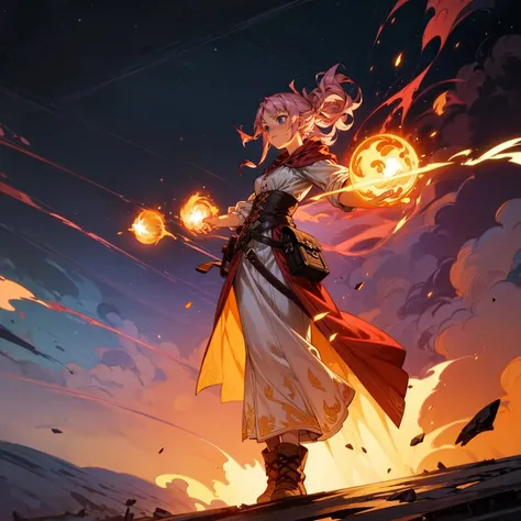 1woman, 1character, woman version, blue eyes, long Curly haircut, pink colour hair, Ancient Roman clothing, red colour clothing, long dress, boots, Bandage on hand, Grassroots, background in field town, motion blur, fire burned in hand, (one piece style ar...