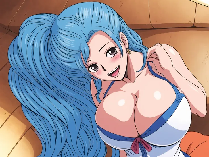 blush,  close up, saliva,  excessive saliva,  1girl, smile, close up, castel, blue hair,happy, room, big breasts, grey eyes, cle...