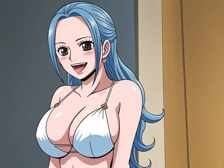 blush,  close up, saliva,  excessive saliva,  1girl, smile, close up, castel, blue hair,happy, room, big breasts, grey eyes, cle...