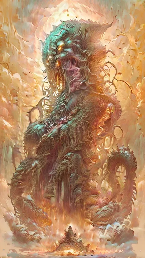 golden buddha，cthulhu gods，many pink tentacles，lovecraftian gods。the background is the vast universe，the vast starry sky，diffuse...