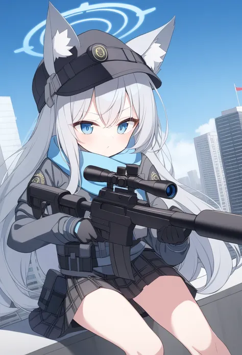 girl，silver long hair, blue eyes, wear body armor,wearing a black mask，a sky blue scarf, black gloves, and black plaid skirt, on...