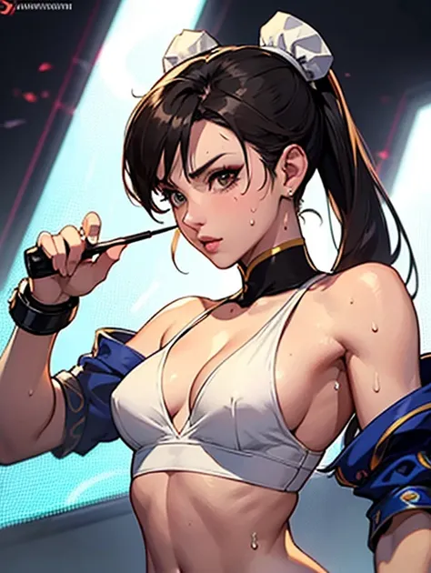 A masterpiece, high resolution, 4K,8K, perfect anatomy, ((bright sexy black top and black leggings, wearing black string panties)), ((sweating)), the background is a building advertisement with dazzling neon light, ((sexy body)) , ((very sexy face Chun-Li)...