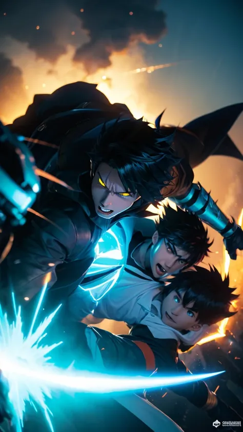 a large black monster standing next to a guy with blue wings that looks like he is a 1boy, glowing A close up of A man high, angle perspective, Wind Standing, of a Boys fighting, Sword with Lens lighting cool Blue fire, to High, a boy anime Highest style, ...