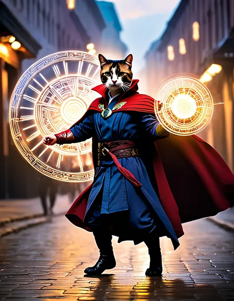 Short-legged cats, ((Doctor Strange Costume)), Spectacular sights, Dynamic Camera, Backlight, (closure:1.2), High-quality photos, Three-point lighting, Flash with softbox, 4K, Canon EOS R3, high resolution, Smooth, Clear focus, high resolution, Award-winni...