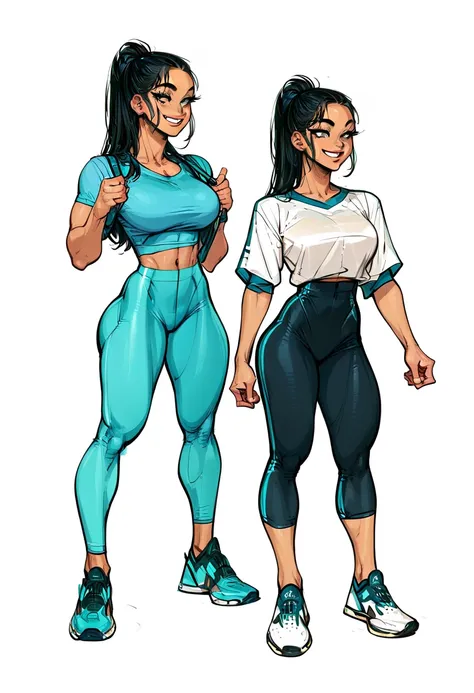 Score_9, Score_8_up, Score_7_up, 1 girl, black hair, black eyes, ponytail, curvy figure, smile, blue polo shirt, light blue yoga pants, black lace thong, sneakers, navel, large bust, front view, looking forward, standing, simple background, white backgroun...