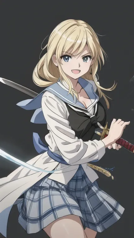 masterpiece, Highest quality, One high school girl,Very detailed,Black eyes,European facial structure,,Natural Beauty,Cinematic,Breasts are moderately sized 10.0,An expression of joy,Open Mouth Smile,Cleavage,Japanese swords are 10 yen each.0,Sword Drawing...