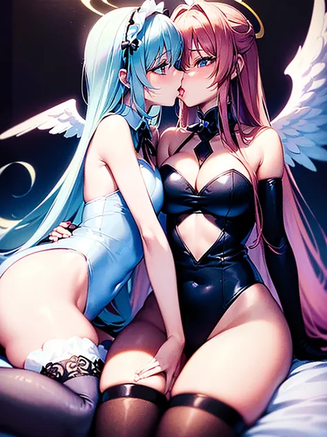 Highest quality,Highest Resolution,(((A beautiful girl with blue eyes and blonde hair in a maid leotard and white angel wings on her back)))and(((A beautiful girl with red eyes, purple hair, and black angel wings on her back in a gothic lolita leotard)))ar...