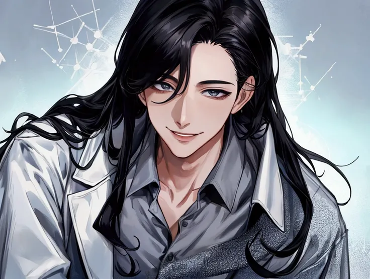 masterpiece,Dynamic Angle,Face close-up,masterpiece,30 year old mature male doctor，Horny,smile,One person、excited,transformation,Black Hair,Slightly longer hair, Scientist,Wear a white coat as a doctor&#39;s outfit，（White Undershirt 1.5）,Background Researc...