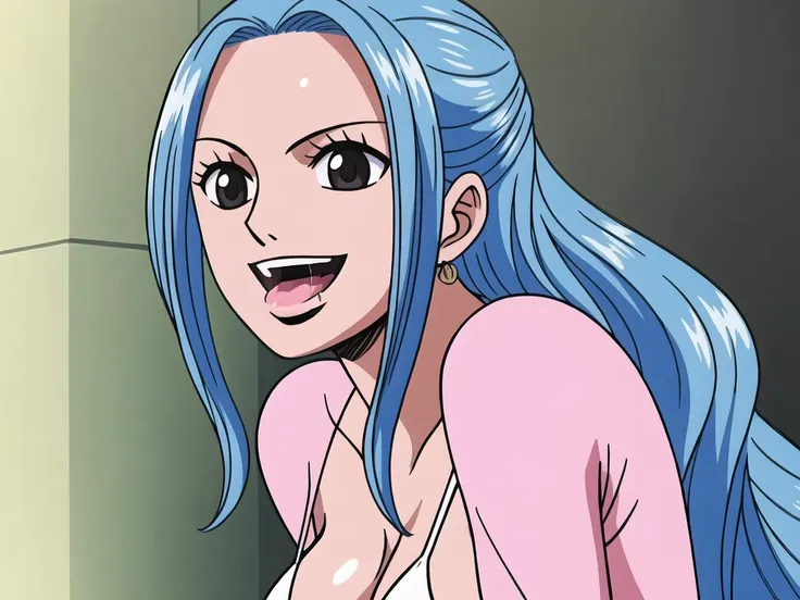 blush, close up, saliva, excessive saliva, 1girl, smile, close up, castel, blue hair,happy, room, big breasts, grey eyes, cleava...