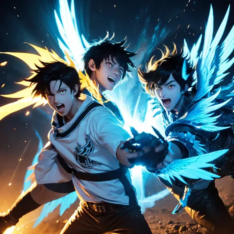 a monster standing next to a guy with blue wings that looks like he is a 1boy, glowing A close up of A man high, angle perspective, Wind Standing, of a Boys fighting, Sword with Lens lighting cool Blue fire, to High, a boy anime Highest style, by powerful ...