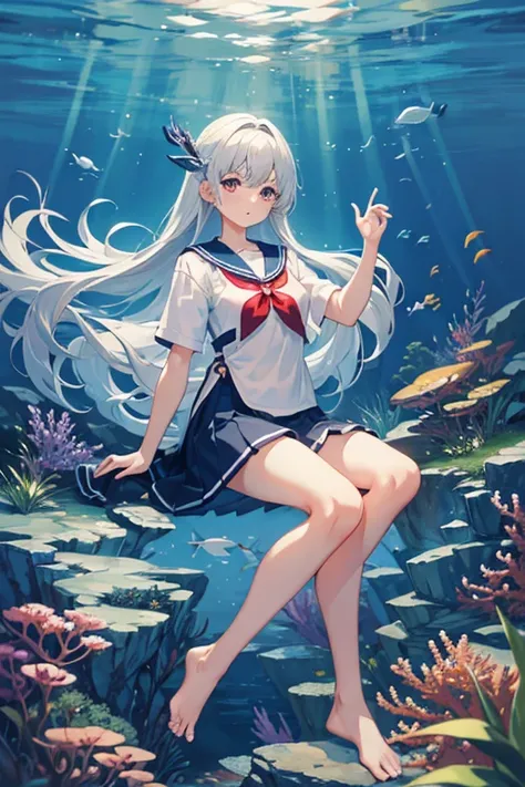 masterpiece, Highest quality, High resolution，Follow the on-screen instructions、Anime Style、Follow the prompts、One Girl、Long silver hair、Sailor suit、Inside a cylindrical aquarium、Coral Reef、fish、Falling position、Your body position when viewed from the side...