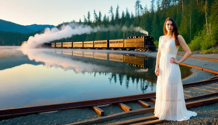 double exposure style, The story set 1924 in Seattle, a woman wear white long dress stand on natural land, background Nimpkish Lake at a logging northern Vancouver Island, log dump wood steam train, sunset, great golden hour, fog, green and blue unsaturate...