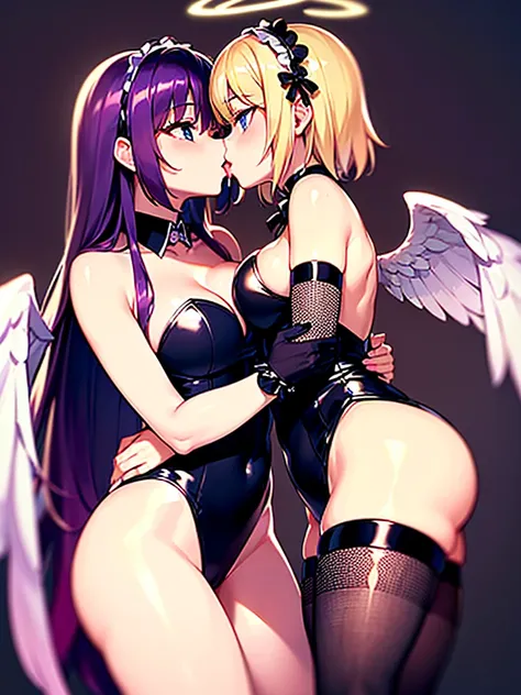 Highest quality,Highest Resolution,(((A beautiful girl with blue eyes and blonde hair in a maid leotard and white angel wings on her back)))and(((A beautiful girl with red eyes, purple hair, and black angel wings on her back in a gothic lolita leotard)))ar...